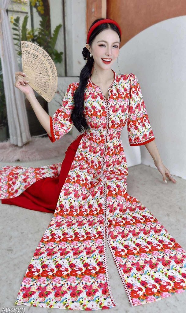Áo Dài Cổ V Vintage AD9003.2903 (áo lẻ)