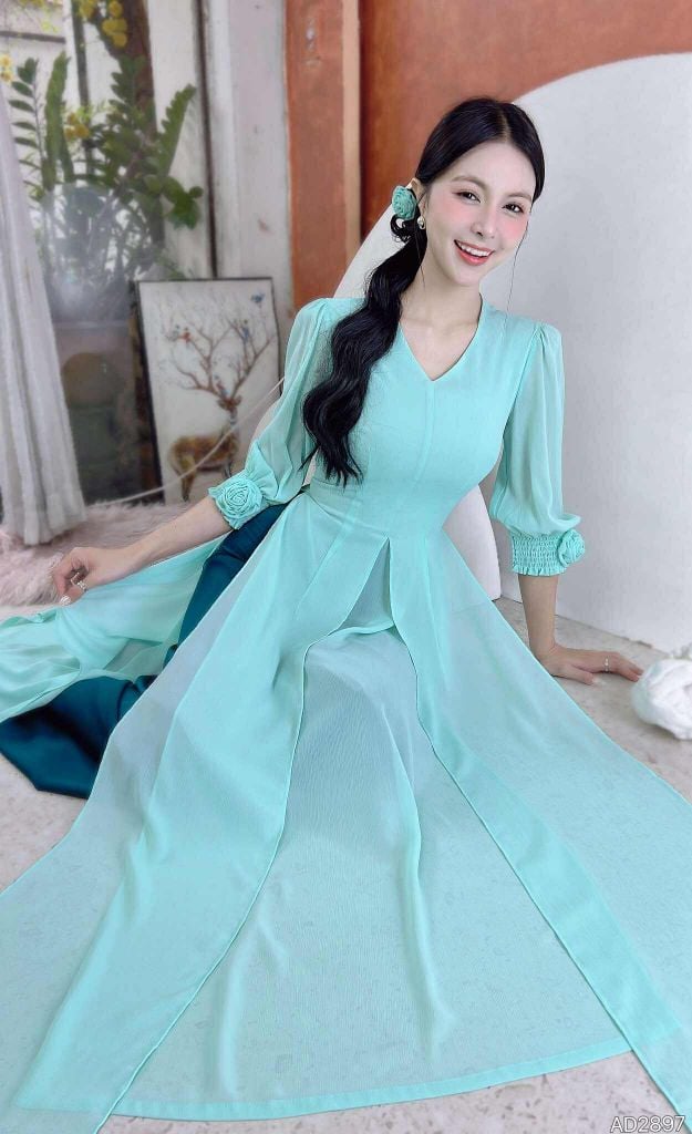 Áo Dài 4 Tà Hoa Hồng Chun+PK AD9003.2897 (áo lẻ)