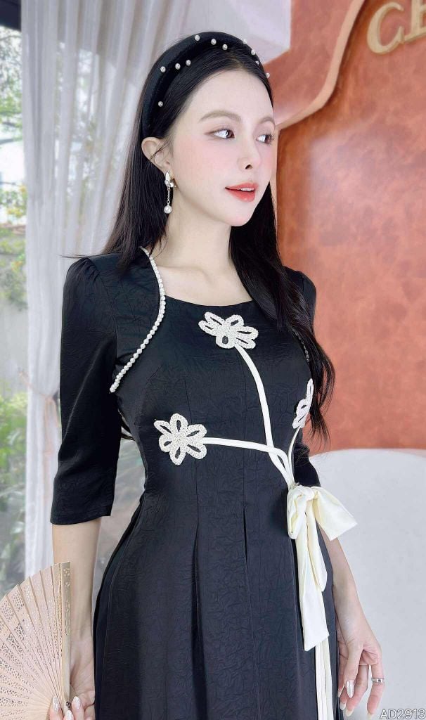 Áo Dài 3 Tà Nơ Hoa Đán+PK AD2913 (áo lẻ)