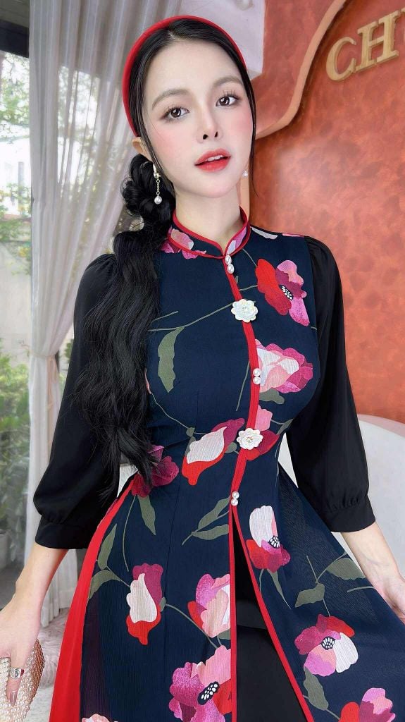Áo Dài 4 Tà Hoa Cẩm Đen AD9003.2891 (áo lẻ)