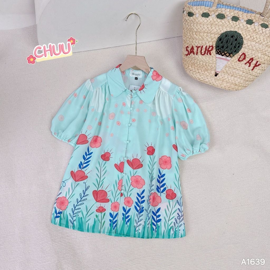 Áo Sơ Mi Hoa Chân Nút Bọc A1639