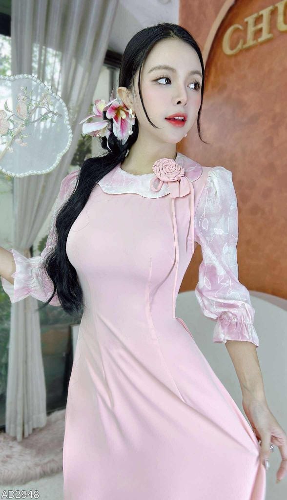 Áo Dài Bánh Quy Hoa Hồng+PK AD2948 (áo lẻ)