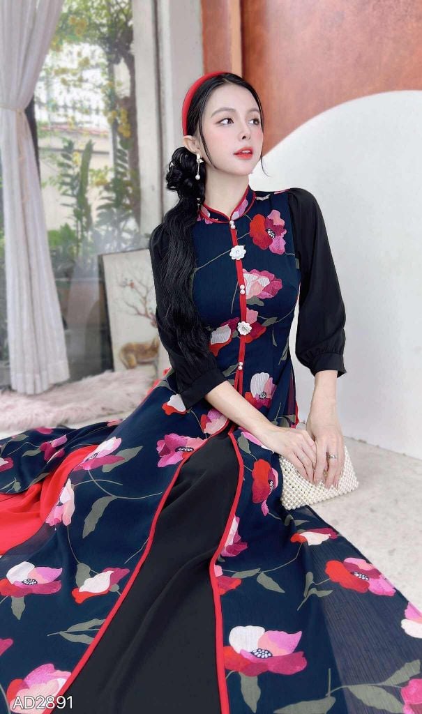 Áo Dài 4 Tà Hoa Cẩm Đen AD9003.2891 (áo lẻ)