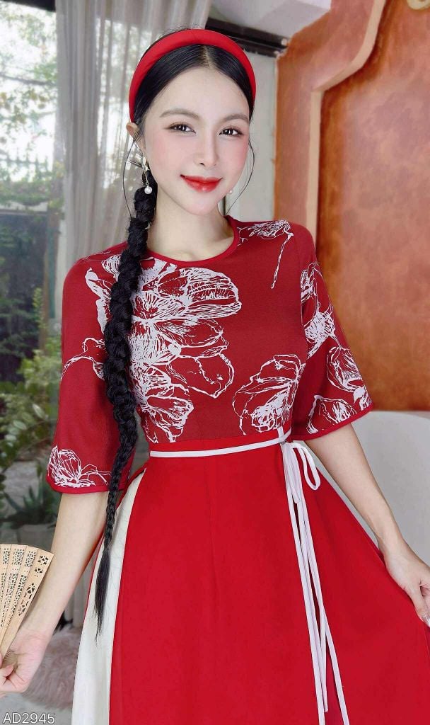 Áo Dài 2 Tà+ Hoa Chỉ Eo Nơ Kèm Phụ Kiện AD2945 (áo lẻ)