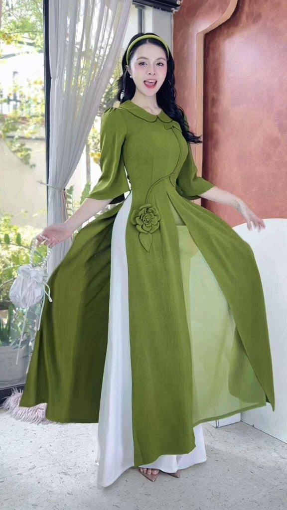 Áo Dài 3 Tà Cành Hoa Nở Tươi+PK AD2954 (áo lẻ)