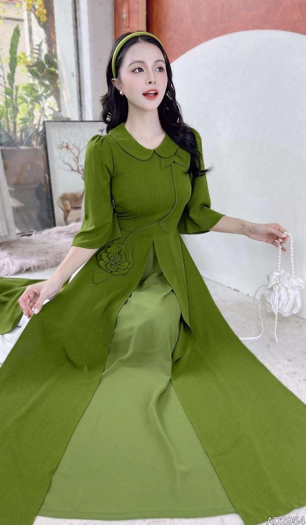 Áo Dài 3 Tà Cành Hoa Nở Tươi+PK AD2954 (áo lẻ)