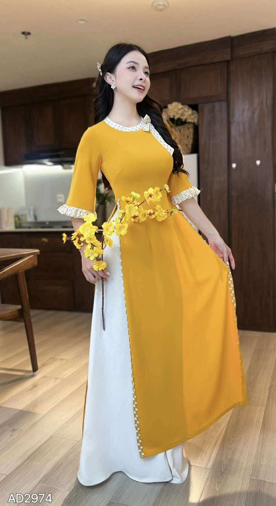 Áo Dài Nơ Viền Dây Ren Tay Nứt AD2974 (áo lẻ)