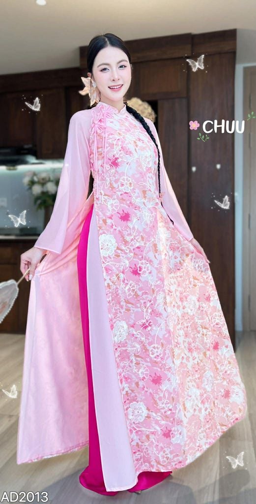 Áo Dài 4 Tà Quỳnh Trắng Thêu Nổi (Eo Suông) AD2013 (áo lẻ)