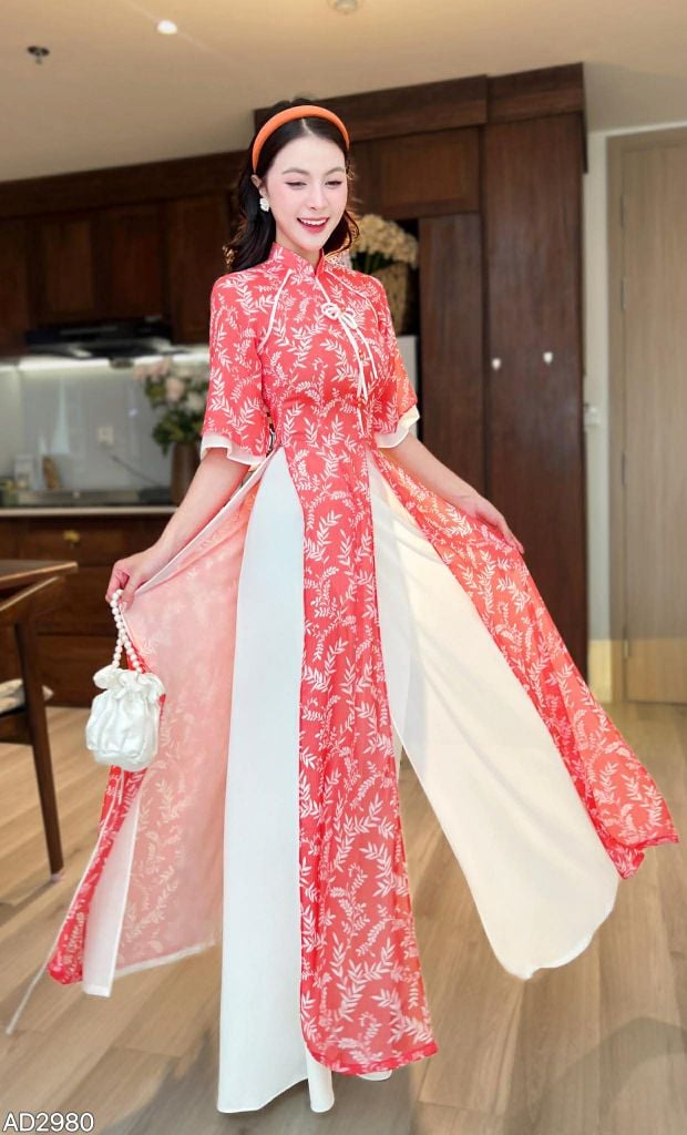 Áo Dài 4 Tà Tứ Thân Nàng Hoa Cỏ Kèm Phụ Kiện AD9003.2980 (áo lẻ)