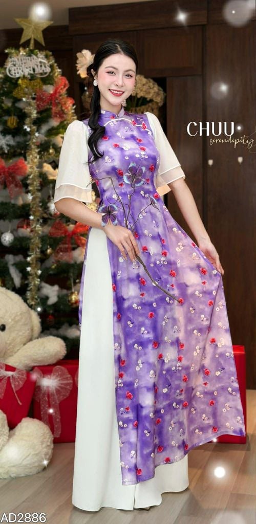 Áo Dài Bướm Viền Ngũ Sắc AD2886 (áo lẻ)