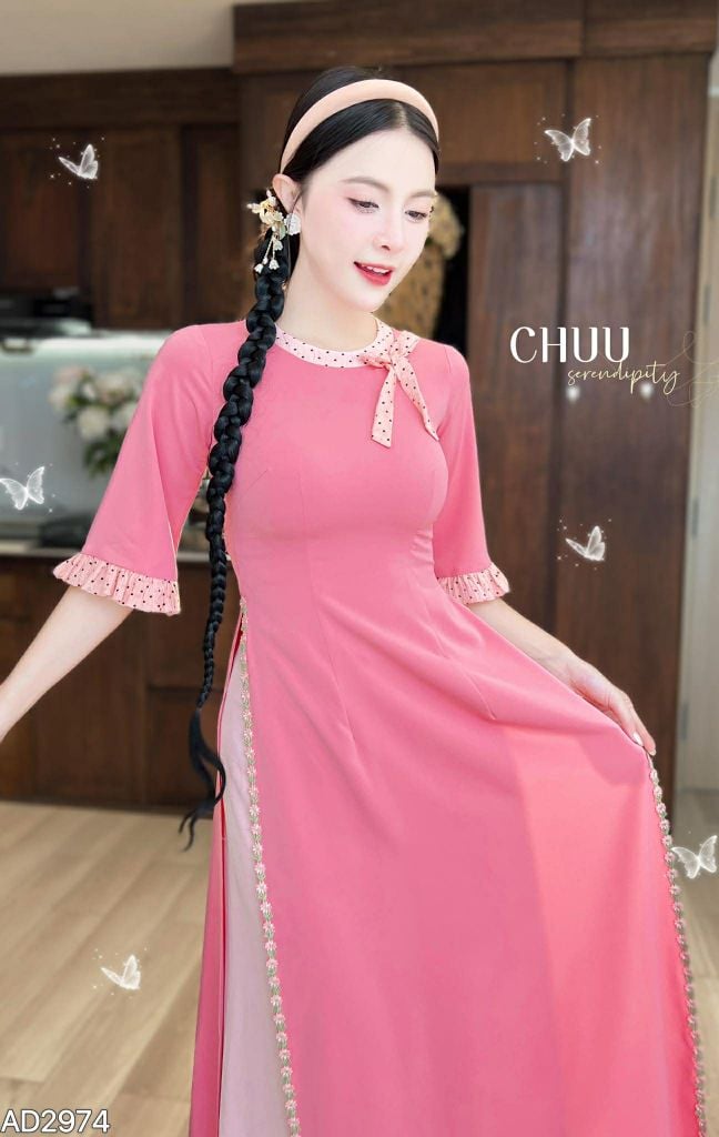Áo Dài Nơ Viền Dây Ren Tay Nứt AD2974 (Áo lẻ)