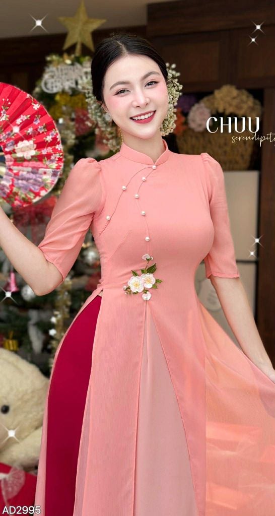 Áo Dài 4T CÀNH LỘC XUÂN + PK AD2995 (áo lẻ)