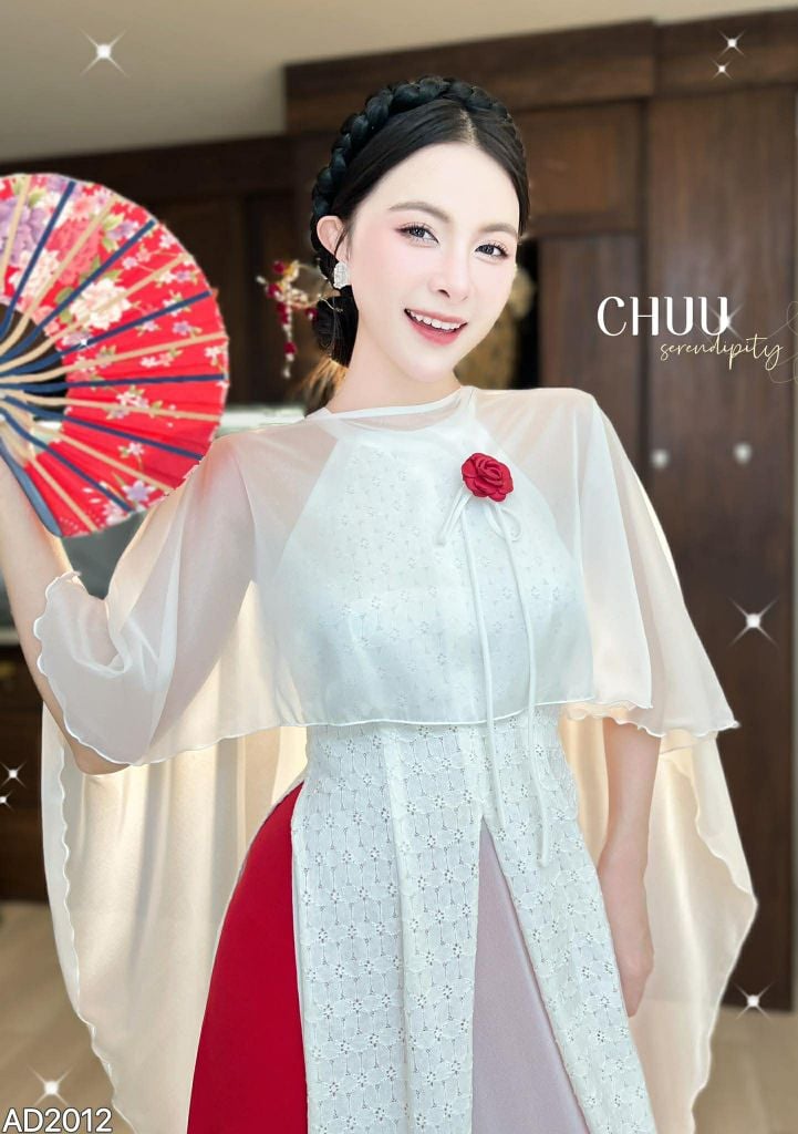 Áo Dài 4 Tà Yếm Ren + Choàng Xéo Kèm Phụ Kiện AD2012 (áo lẻ)