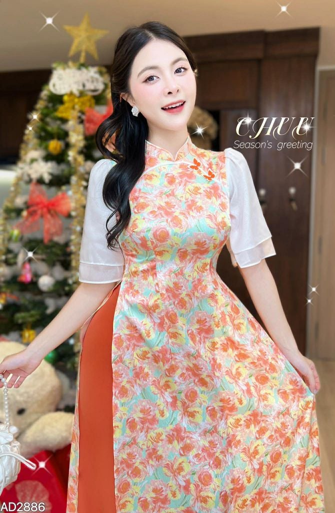 Áo Dài Bướm Viền Ngũ Sắc AD2886 (áo lẻ)
