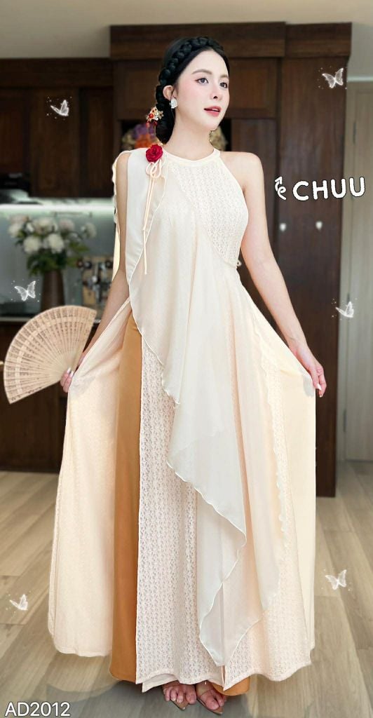 Áo Dài 4 Tà Yếm Ren + Choàng Xéo Kèm Phụ Kiện AD2012 (áo lẻ)