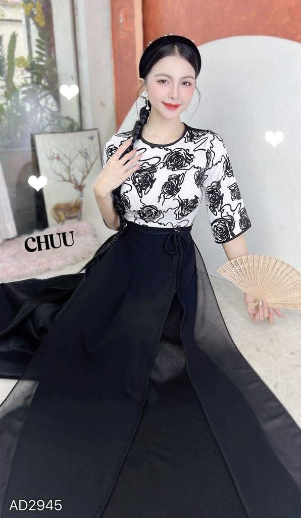 Áo Dài 2 Tà+ Hoa Chỉ Eo Nơ Kèm Phụ Kiện AD2945 (áo lẻ)