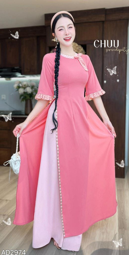 Áo Dài Nơ Viền Dây Ren Tay Nứt AD2974 (Áo lẻ)