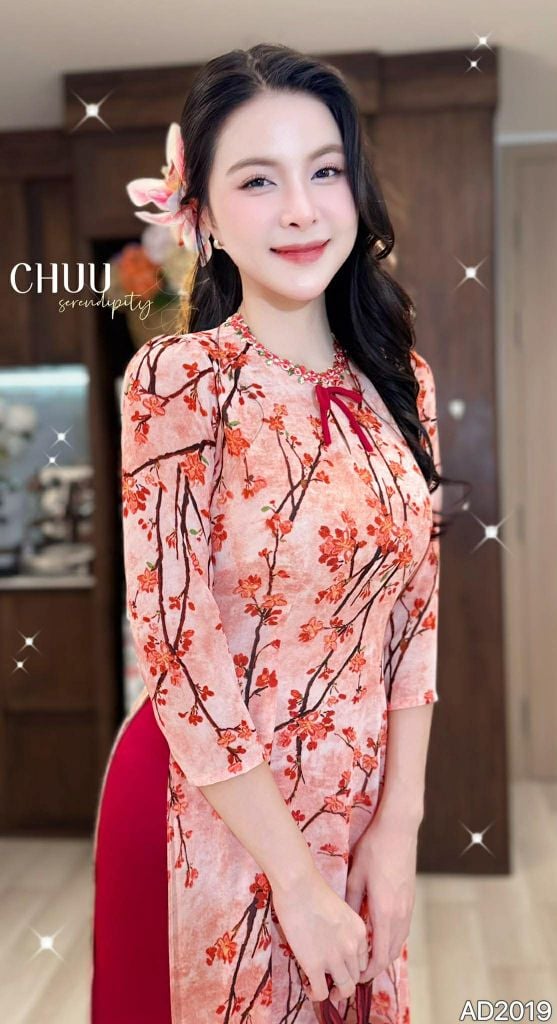 Áo Dài 4 Tà Đóa Hoa Đào Rơi AD2019 (áo lẻ)