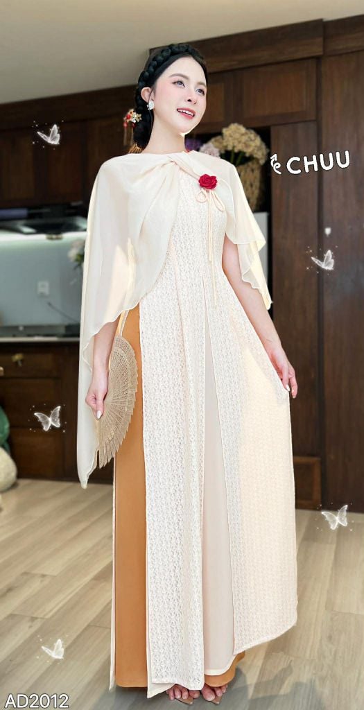 Áo Dài 4 Tà Yếm Ren + Choàng Xéo Kèm Phụ Kiện AD2012 (áo lẻ)