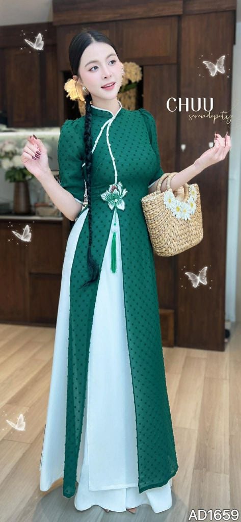 Áo Dài 4 Tà Sen Thêu 3D (PK) AD1659 (Áo lẻ)