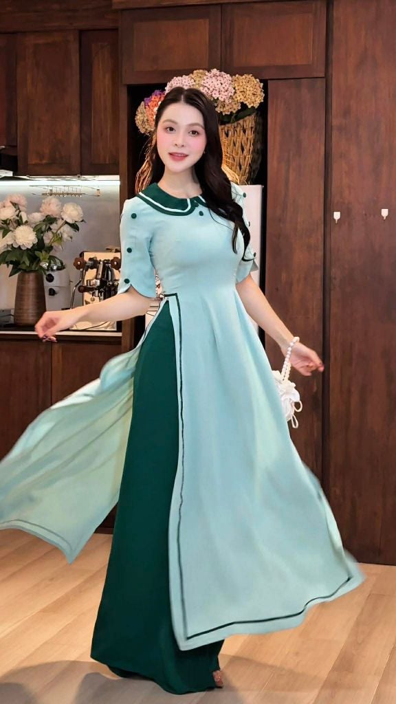 Áo Dài Cổ Sen Chấm Tròn AD2017 (áo lẻ)