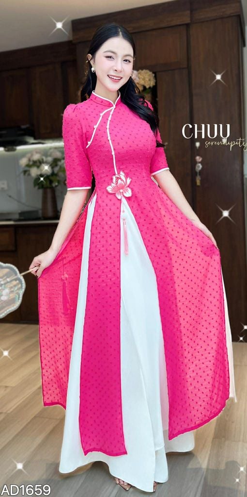 Áo Dài 4 Tà Sen Thêu 3D (PK) AD1659 (Áo lẻ)