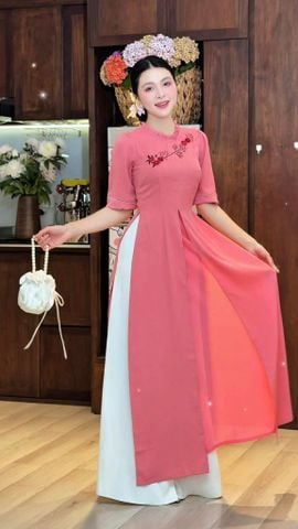 Áo Dài 3 Tà Hoa Đỏ Mận AD3026 (áo lẻ)