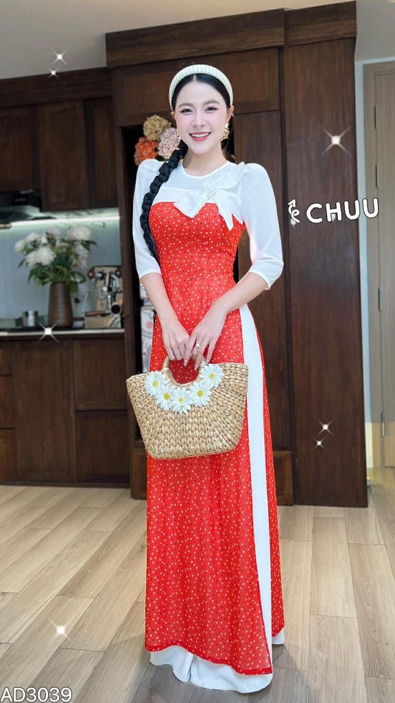 Áo Dài 4 Tà Hoa Giấy Trắng Kèm Phụ Kiện AD3039 (áo lẻ)