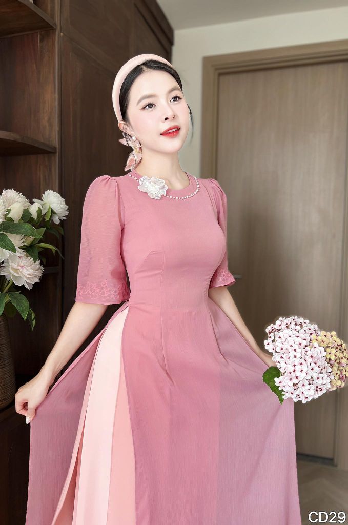 Áo Dài 4 Tà Thêu Tuyết Sứ Kèm Phụ Kiện AD3048 (Áo lẻ)