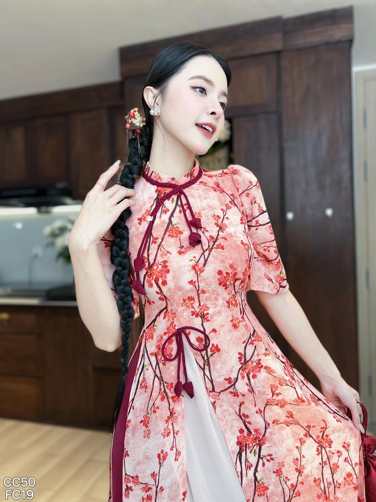 Áo Dài 4 Tà Nụ Hoa Trên Cửa Kèm Phụ Kiện AD9003.3045 (áo lẻ)