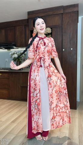 Áo Dài 4 Tà Nụ Hoa Trên Cửa Kèm Phụ Kiện AD9003.3045 (áo lẻ)