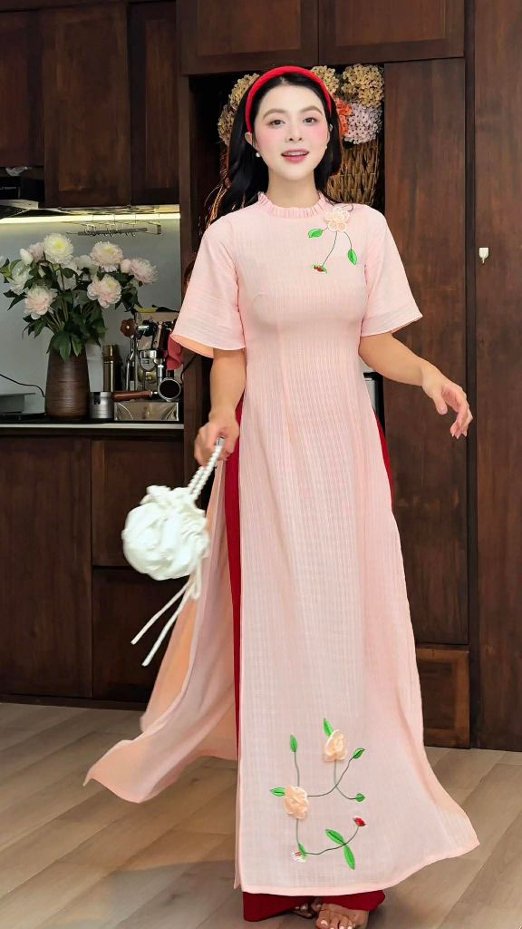 Áo Dài 4 Tà Mimi Hoa Non Kèm Phụ Kiện AD3057 (Áo lẻ)