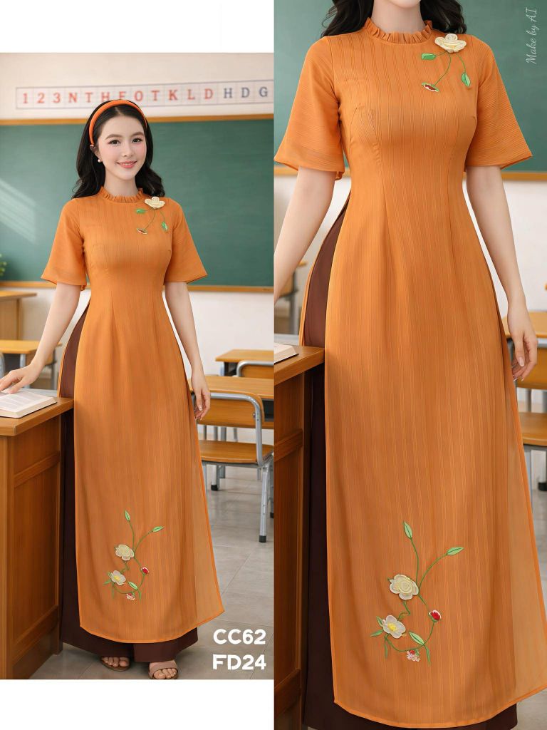 Áo Dài 4 Tà Mimi Hoa Non Kèm Phụ Kiện AD3057 (Áo lẻ)