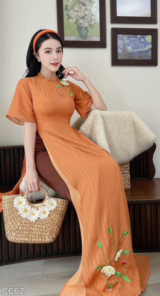 Áo Dài 4 Tà Mimi Hoa Non Kèm Phụ Kiện AD3057 (Áo lẻ)
