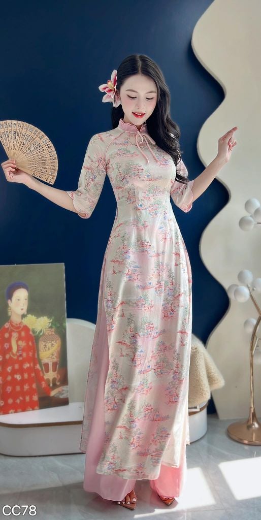 Áo Dài Vườn Đào Tiên Kèm Phụ Kiện AD3067 (Áo lẻ)