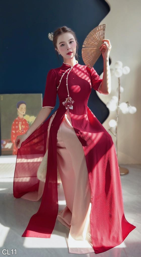 Áo Dài 4 Tà Sen Thêu 3D (PK) AD1659 (Áo lẻ)