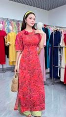Áo Dài Hoa Mận Đỏ Kèm Phụ Kiện AD3092 (Áo lẻ)