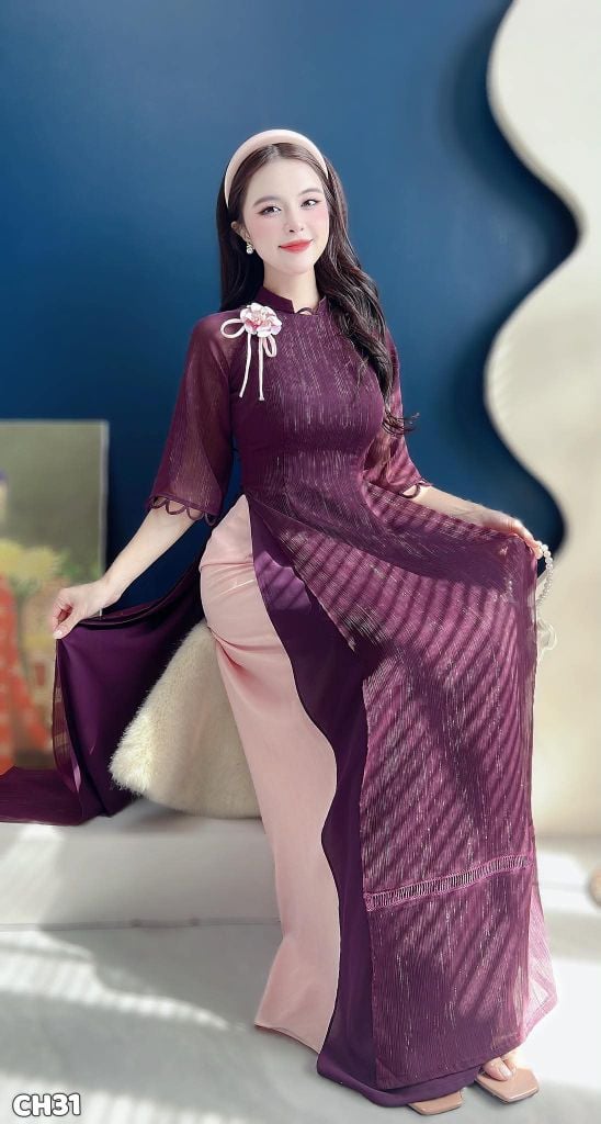 Áo Dài Mặt Trăng Ruby Kèm Phụ Kiện+Dây Trong AD3093 (Áo lẻ)