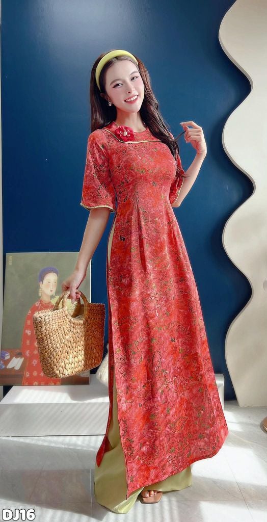 Áo Dài Hoa Mận Đỏ Kèm Phụ Kiện AD3092 (Áo lẻ)
