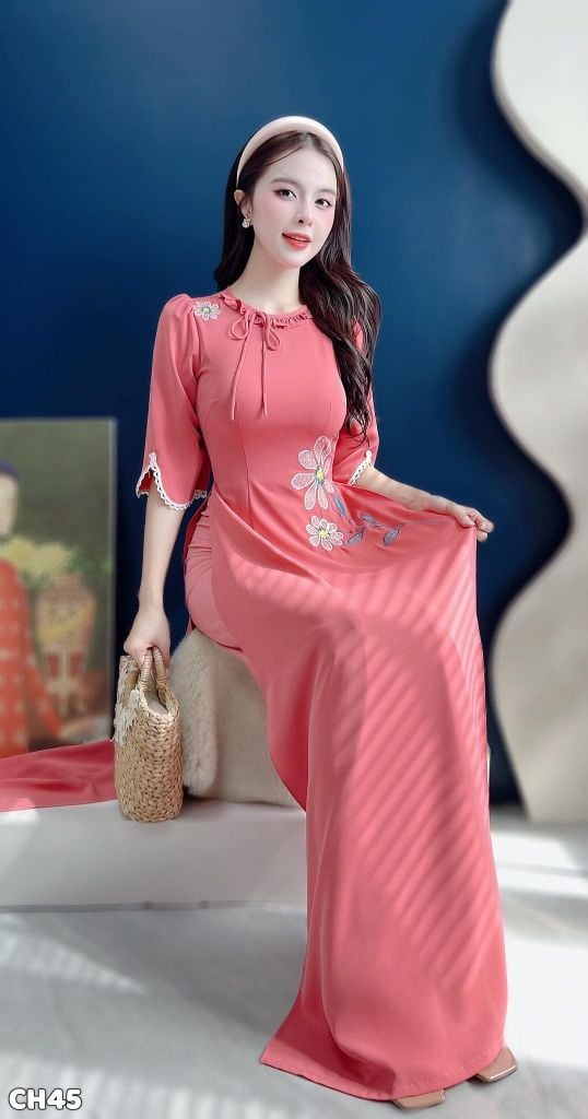 Áo Dài Cành Họa Mi Trắng AD3097 (Áo lẻ)