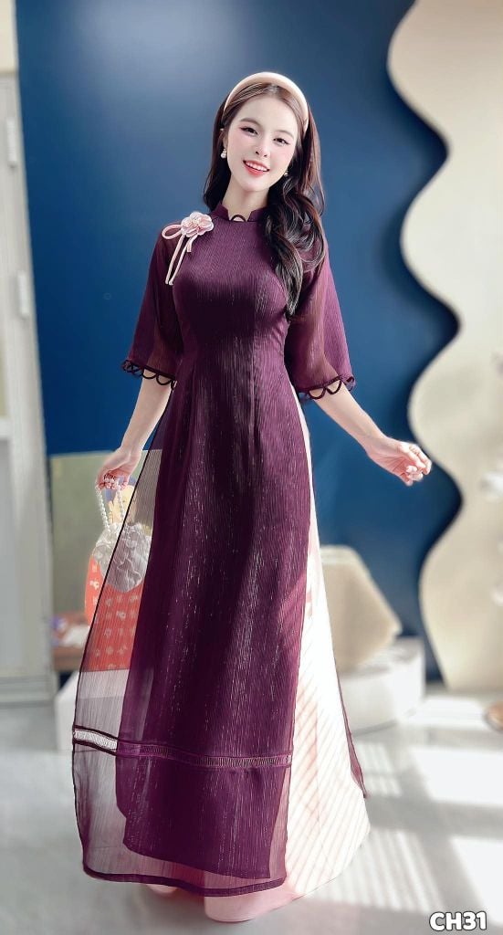 Áo Dài Mặt Trăng Ruby Kèm Phụ Kiện+Dây Trong AD3093 (Áo lẻ)
