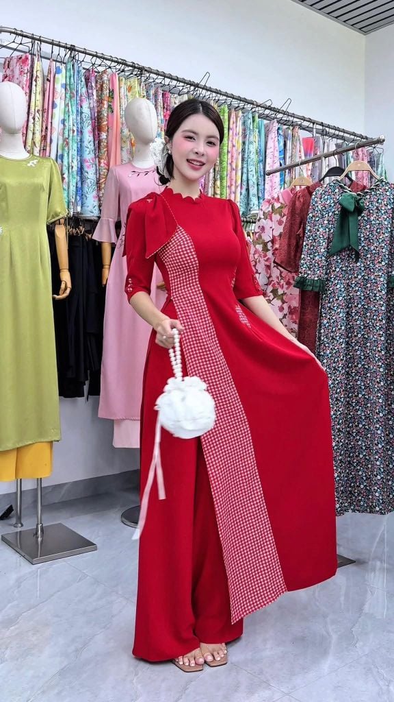 Áo Dài Hoa Caro Cổ Lượn Kèm Phụ Kiện AD3127 (Áo lẻ)
