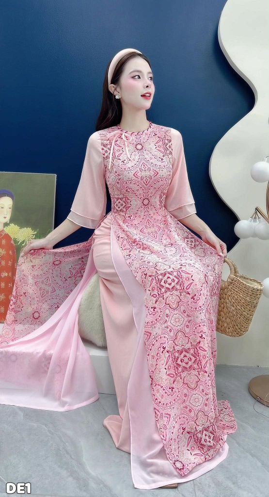 Áo Dài 4 Tà Tuyết Đỏ Cổ Xoắn Kèm Phụ Kiện AD1669 (Áo lẻ)