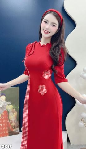 Áo Dài Hoa Caro Cổ Lượn Kèm Phụ Kiện AD3127 (Áo lẻ)