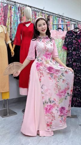 Áo Dài 4 Tà Vòng Cổ Hoa Hồng AD3147 (Áo lẻ)