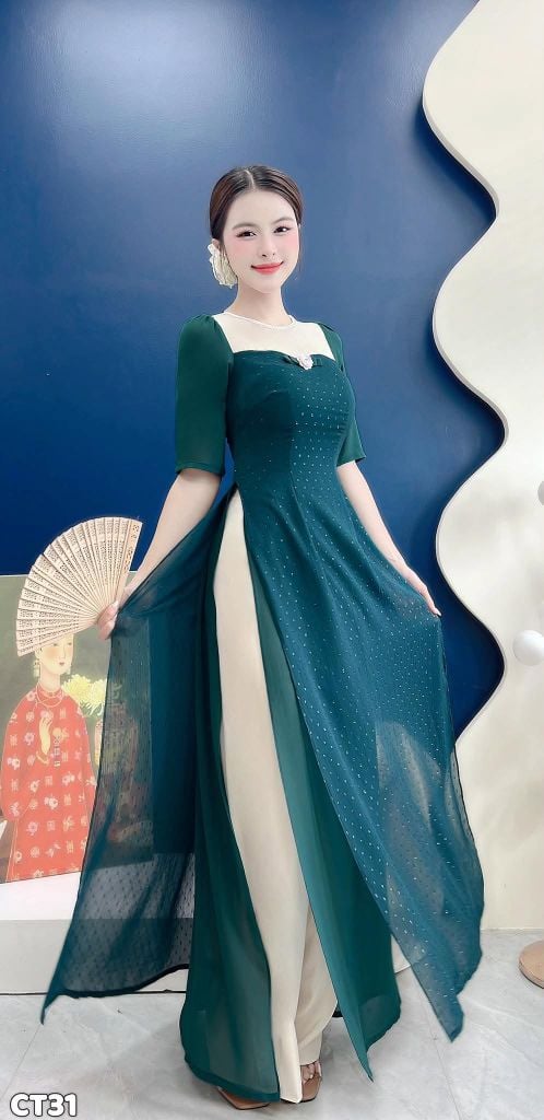 Áo Dài 4 Tà Bích Liên Hoa Kèm Dây Trong AD3138 (Áo lẻ)