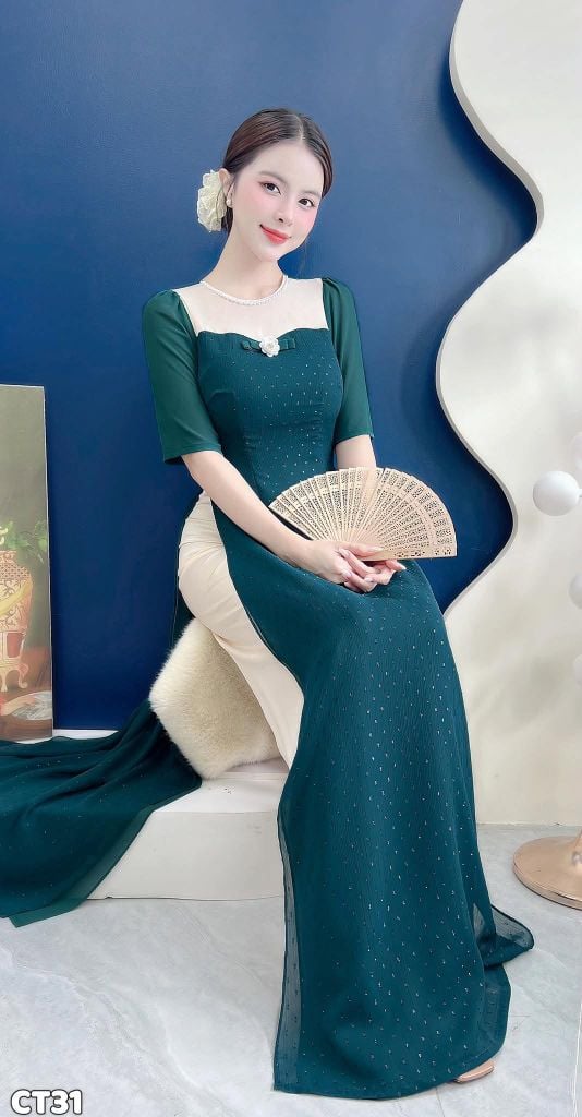 Áo Dài 4 Tà Bích Liên Hoa Kèm Dây Trong AD3138 (Áo lẻ)