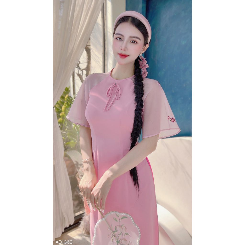 Áo Dài Nơ Tay Thêu Đào AD1362 (áo lẻ)