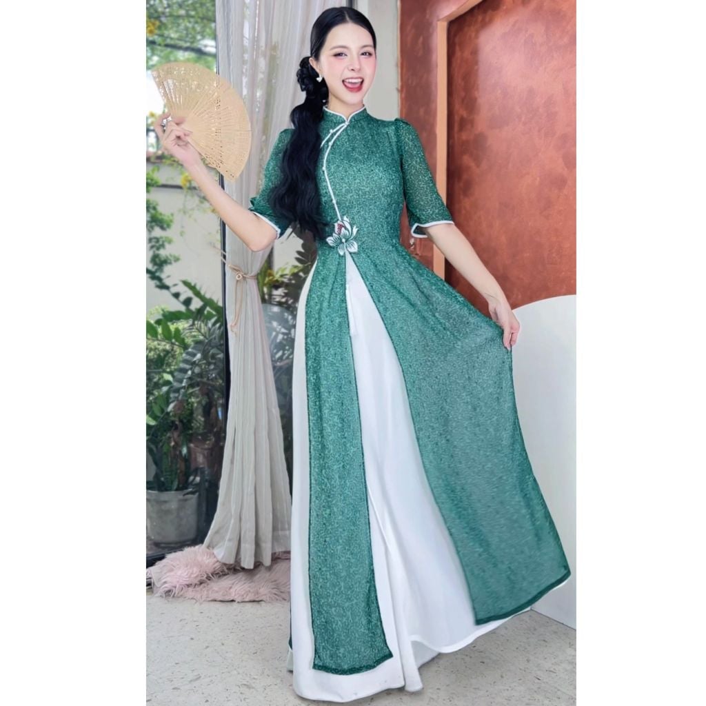 Áo Dài 4 Tà Sen Thêu 3D (PK) AD1659 (Áo lẻ)