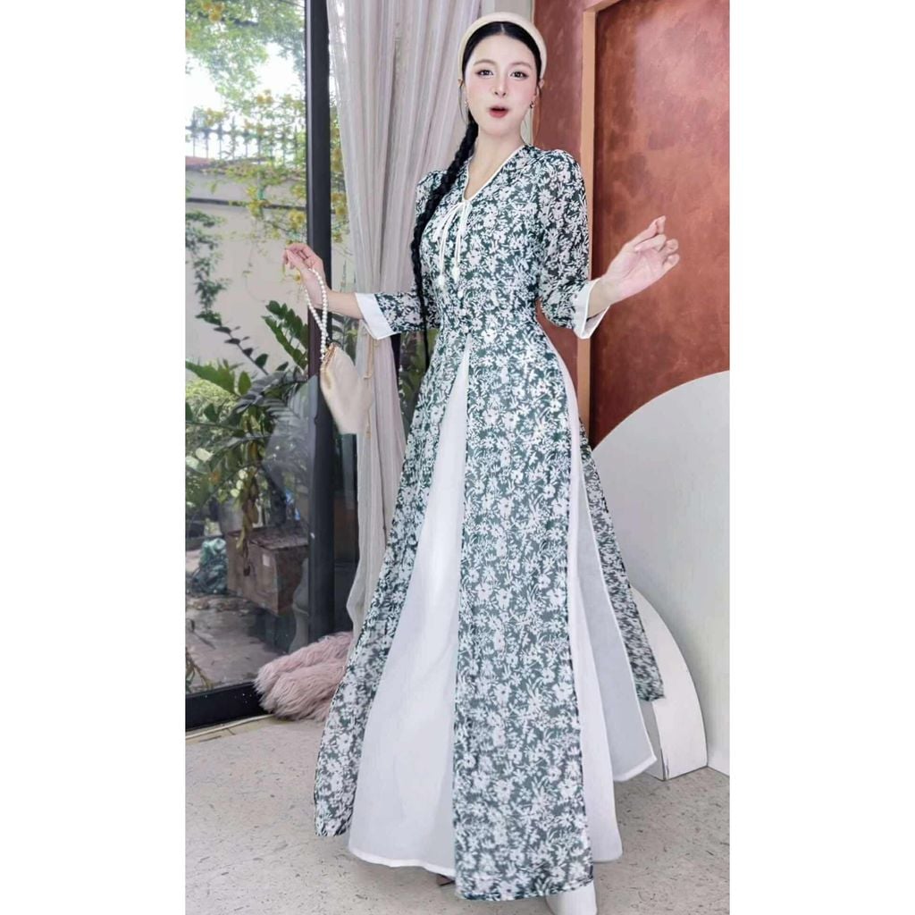 Áo Dài 4 Tà Tơ Vàng Lá Ngọc+PK AD9003.2843 (áo lẻ)